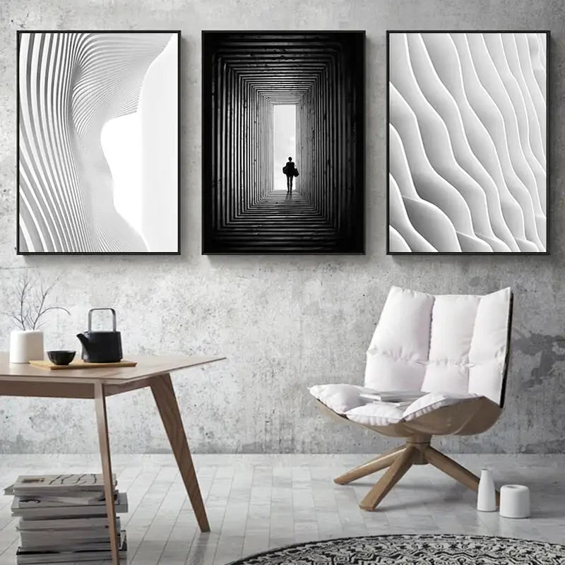3 Tableaux Abstrait Noir et Blanc
