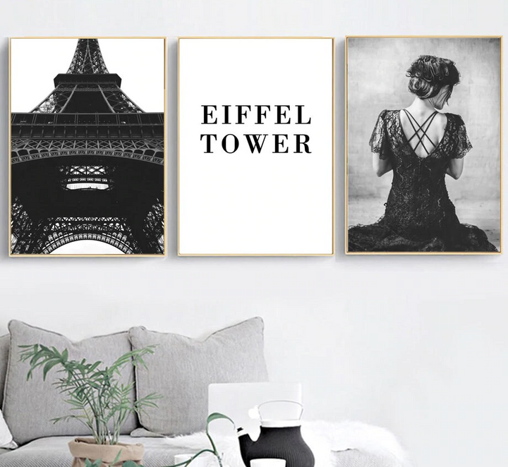 Black White Paris Tower Girl Butterfly Wall Art Canvas 