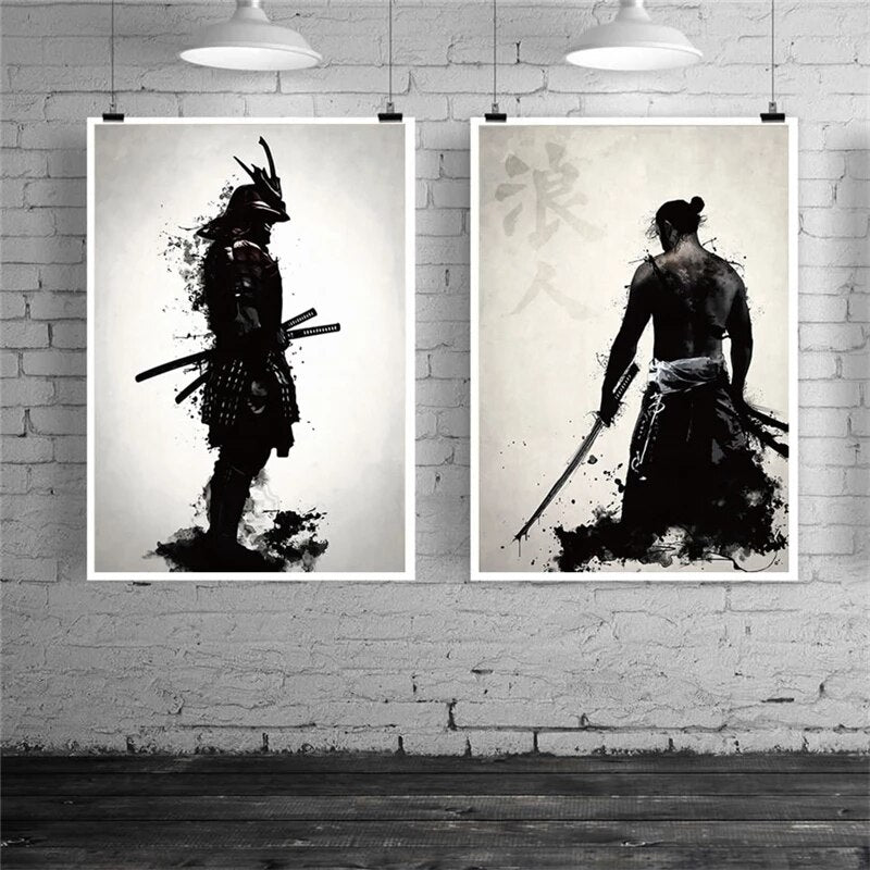 tableau samourai noir et blanc
